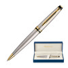 A brushed stainless steel ballpoint pen in a blue presentation box, featuring gold accents.