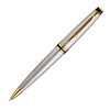 A metal ballpoint pen featuring a brushed stainless finish with gold accents and a logo.