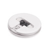 Earphones in a round white case, featuring black and white design with neatly wrapped cables inside.