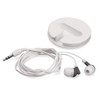 White earphones with a 3.5mm jack and a winding case for storage. The earphones feature grey accents.