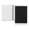 A spiral-bound A5 notebook with a sleek black cover, featuring lined pages inside.