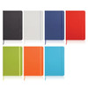 A collection of A5 leather-look notebooks in various colours: black, white, navy, red, green, orange, and blue.