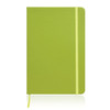 A green A5 leather-look notebook journal with a matching elastic closure and bookmark ribbon.