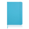 A turquoise A5 notebook journal with a leather look and an elastic closure. Features a logo on the cover.