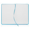 A A5 notebook journal with a leather-look finish, featuring a bright turquoise cover and lined pages.