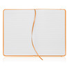 A notebook journal with a leather-look cover in vibrant orange, featuring lined pages and a ribbon bookmark.
