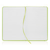 An A5 notebook journal with a leather look, featuring a green exterior and blank lined pages inside.