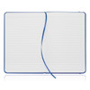 A blue A5 notebook journal with a leather-like cover and lined pages, featuring a ribbon bookmark.