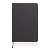 A black A5 notebook journal with a leather-look cover and an elastic band closure.