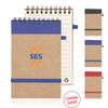 A recycled paper spiral-bound notepad in brown, featuring a coloured band and a logo, available in multiple colours.