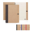 A recycled paper spiral-bound notebook with a brown cover and colourful options in blue, red, and black. Features lined pages.