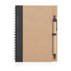 A recycled paper spiral bound notebook in brown with a black spine, accompanied by a black pen.