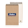 A spiral-bound notepad made from recycled paper, featuring a brown cover with a logo and lined pages inside.