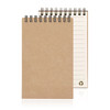 A spiral-bound notepad made from recycled paper, featuring a brown cover and lined pages inside.