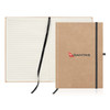 A recycled paper journal in brown with an elastic band, featuring a logo on the cover and lined pages inside.