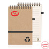 A spiral-bound notepad made of recycled paper, featuring a brown cover and a logo, with an elastic closure.