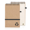A recycled paper notepad featuring a spiral binding, brown cover, and an elastic band. Includes a recycling symbol.