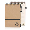A spiral-bound notepad made of recycled paper in a brown colour, accompanied by a matching pen. It features a logo.