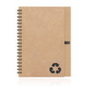 A spiral-bound notebook made of recycled paper, featuring a natural brown cover with a recycling symbol.