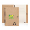 A spiral-bound notebook made of recycled paper with a brown cover and a logo, featuring lined pages.