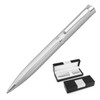A silver ballpoint pen with a striped design, presented in a black box. The pen features a shiny finish and a clip.