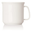 A white 300ml plastic cup with a smooth surface and a sturdy handle, featuring a logo on one side.