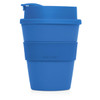 A blue eco coffee cup made of plastic, featuring a lid and a silicone sleeve for grip. It has a logo.