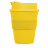 A drink bottle in bright yellow with a textured grip and a lid, featuring a brand logo.