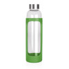 A drink bottle with a transparent glass body and a green silicone sleeve, featuring a silver screw top.