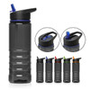 A drink bottle in dark grey with a black and coloured flip-top lid, featuring a logo on the side.