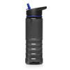 A drink bottle in black and transparent grey, featuring a blue straw and a black lid. It has a logo on the side.