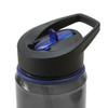 A drink bottle in dark grey with a black and blue lid, featuring a handle and a built-in spout for easy drinking.