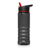 A drink bottle in grey Tritan material with a black lid and red spout, featuring a branding logo.