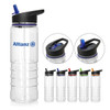 A drink bottle made of clear Tritan, featuring a black cap and various coloured accents, with a logo visible.