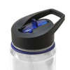 A drink bottle made of clear Tritan with a black and blue lid featuring a carry handle.