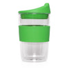 A drink bottle featuring a double-wall design, clear body, and a green silicone band and lid. It includes a logo.