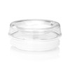 A clear double-walled glass cup with a smooth, rounded lip and textured base, featuring a logo.