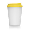 A frosted, double-walled 356ml coffee cup with a yellow lid. Features a logo on the side.