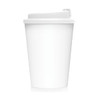 A drink bottle featuring a white double-walled design with a secure lid. It has a logo on the surface.