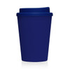 A drink bottle in navy blue, featuring a plastic double wall design and a lid. The product has a logo.