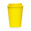 A yellow double-walled coffee cup with a lid, designed for portability, featuring a simple logo.
