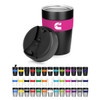 A drink bottle featuring a stainless steel design, double wall, and a black colour with a pink band. It includes a lid.
