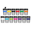 A collection of stainless steel coffee cups in various colours, featuring double walls and black lids, alongside branding.