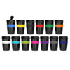 A collection of Eco Coffee Cups in various colours with black lids, showcasing a range of sizes and designs.