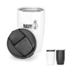 A stainless steel double wall coffee cup in navy and white, with a black lid and branded logo.