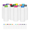 A drink bottle collection featuring various colours with a sleek white body and colourful caps, each with a logo.