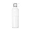 A drink bottle in white with a stainless steel cap and a textured band around the middle. It has a logo.