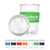 A double wall glass cup with a clear body and a green band, available in multiple vibrant colours.