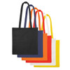 A set of non-woven bags in black, navy, orange, white, and yellow, featuring long handles and a gusset.