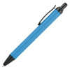 A blue ballpoint pen with a black clip and tip, featuring a smooth, sleek design and a logo.